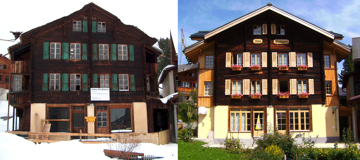 Mrren, Haus Alte Bckerei (Baujahr 1925) vor und nach der Renovierung. Aufgenommen 2005 und 2008