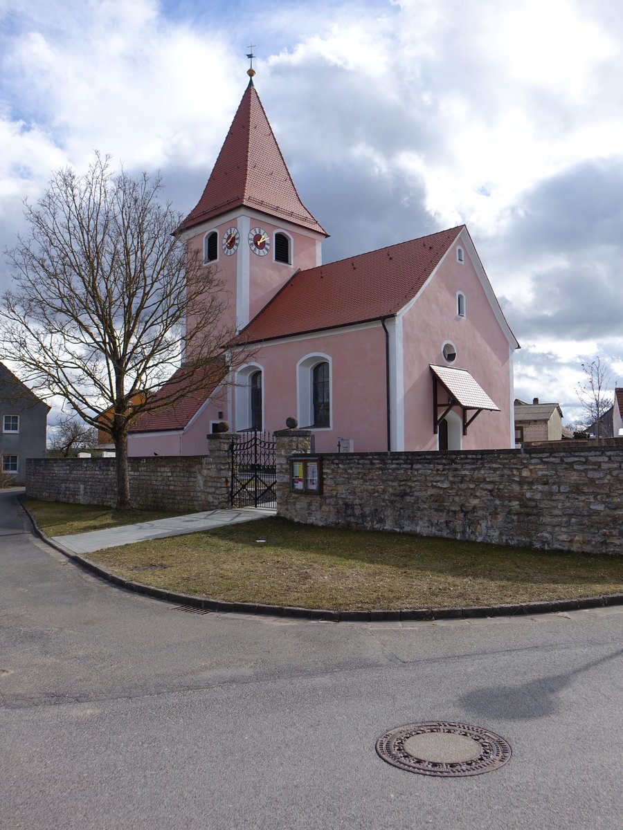 Oberndorf, Ev. Marienkirche, Saalbau mit Chorturm, Ende 12. Jahrhundert, Chor im 14. Jahrhundert verndert, 1732 nach Sden erweitert (05.03.2017)