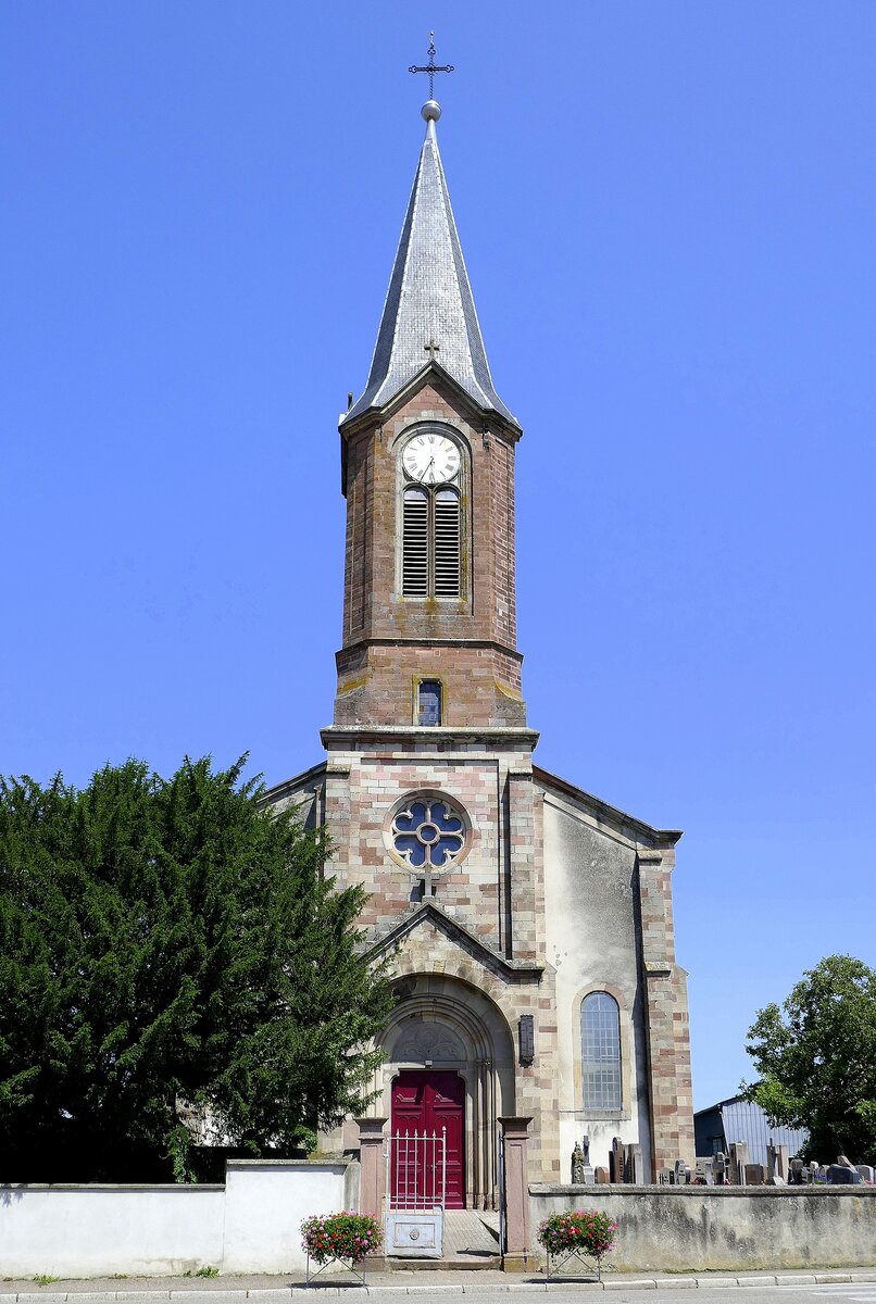 Obersaasheim im Oberelsa, die Kirche St.Gallus, erbaut 1772-77, Juli 2021