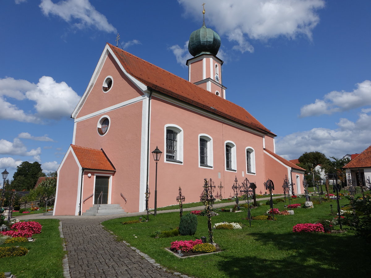 Oberwiesenacker, kath. Pfarrkirche St. Wilibald, Saalbau mit eingezogenem Polygonalchor und Chorflankenturm, erbaut bis 1726 von Giovanni Rigalia (20.08.2017)
