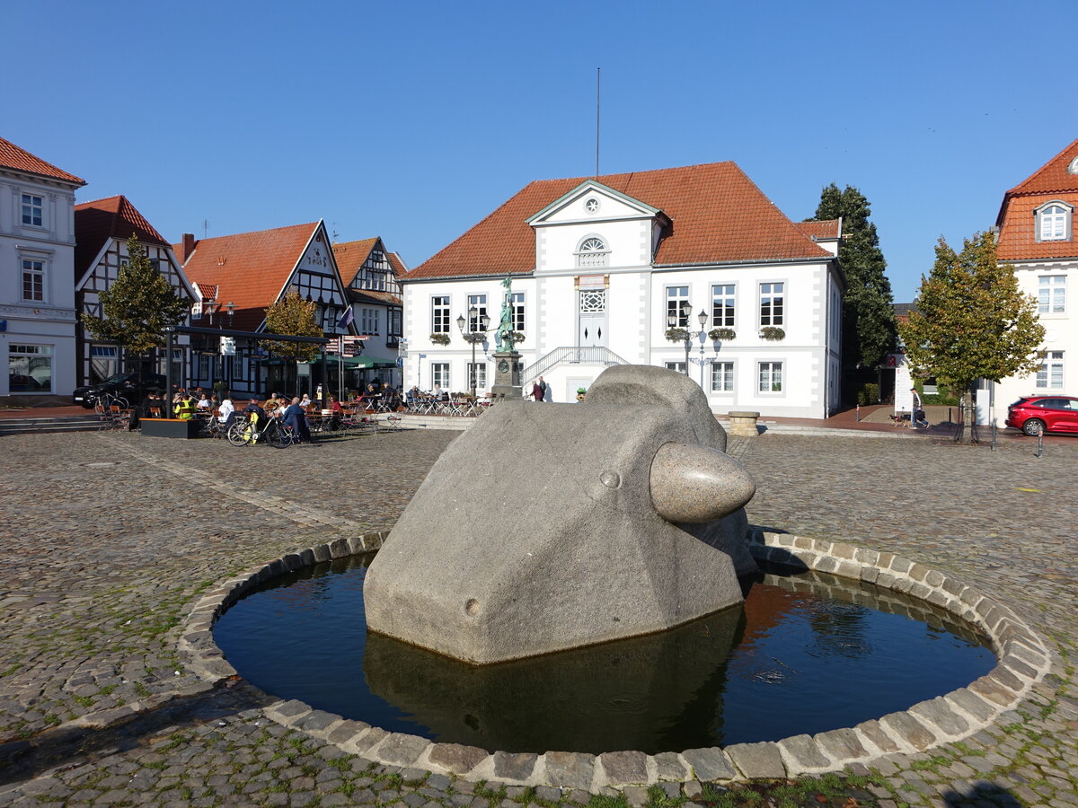 Quakenbrck, Brunnenn und Rathaus am Marktplatz (10.10.2021)