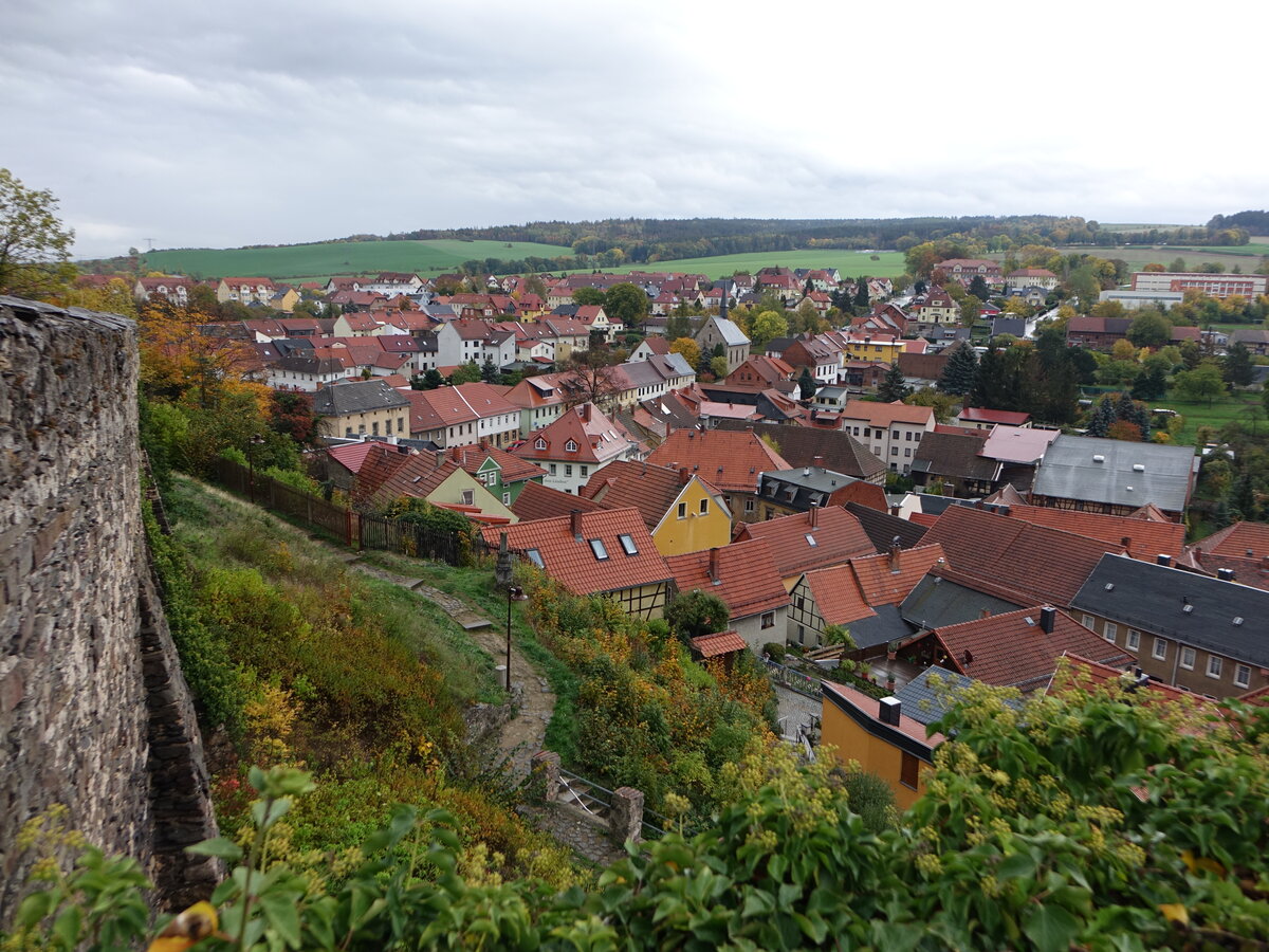 Ranis, Ausblick von der Burg aus die Ortsmitte mit St. Elisabeth Kirche (18.10.2022)