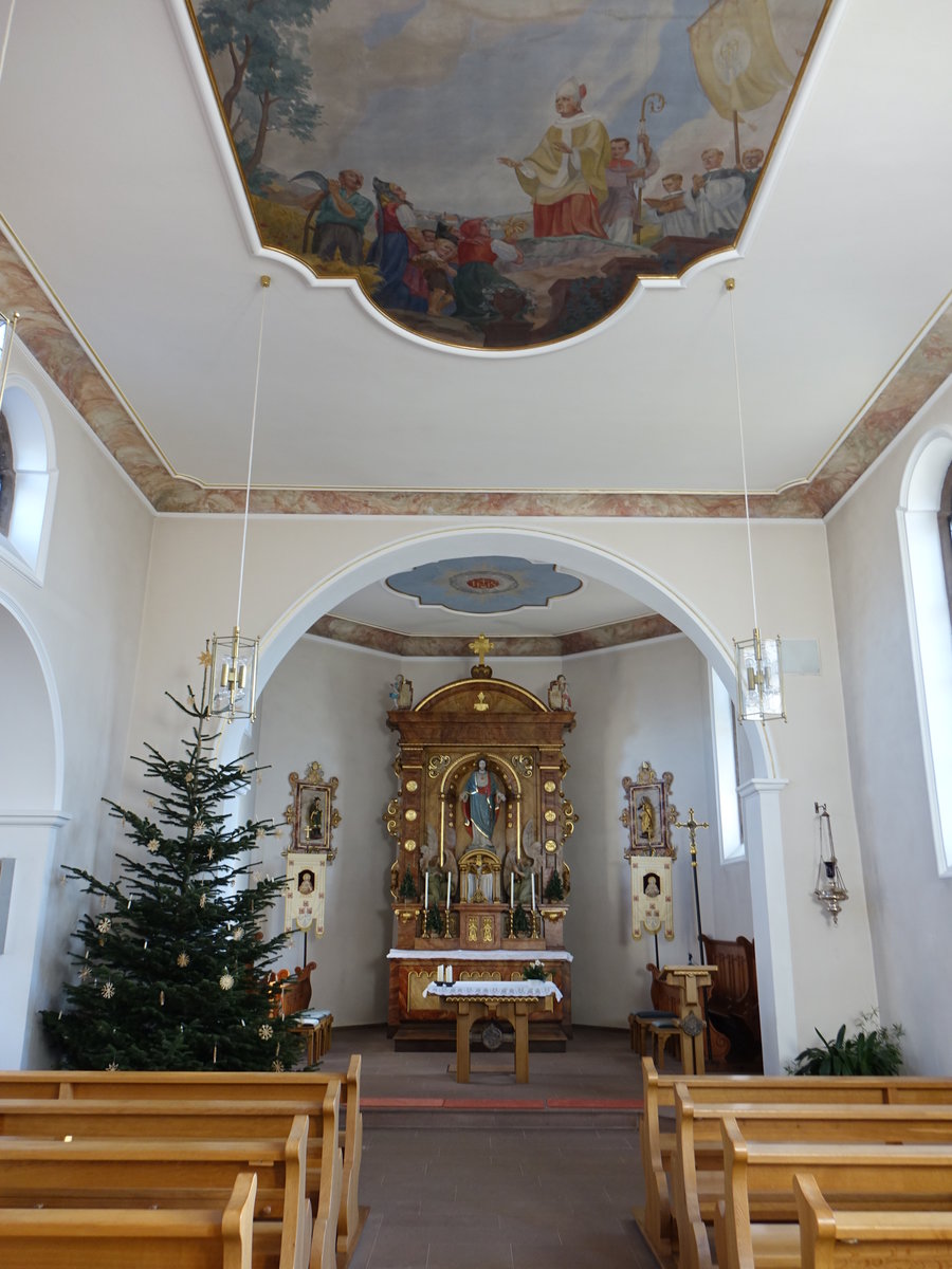 Rietheim, Innenraum der kath. Pfarrkirche St. Konrad, Fresken von Georg Ludwig Hugg, neugotischer Hochaltar von 1873 (26.12.2018)
