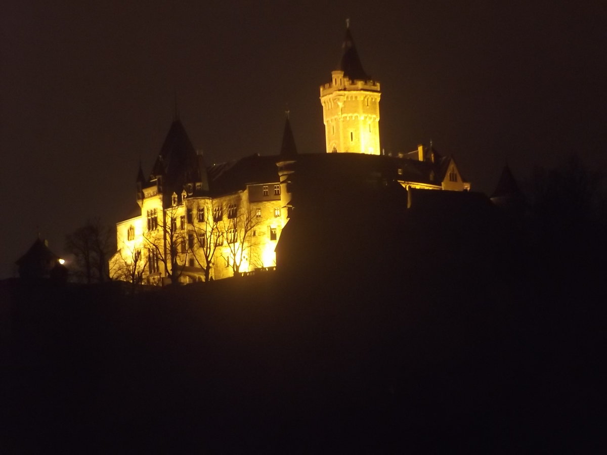 Schloss Wernigerode bei Nacht mit Langzeitbelichtung am 11.03.2016. Zum Glck gibt es kein Standbild mit Ton. Katzenmusik ist nicht jedermanns Sache.