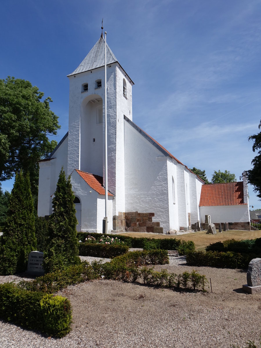 Tirstrup, weigekalkte Backsteinkirche, erbaut 1465 (07.06.2018)