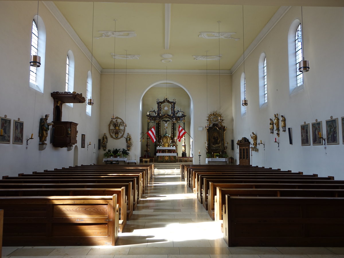 Unsleben, Innenraum der kath. Pfarrkirche St. Crucis, Hochaltar von 1780 (08.07.2018)