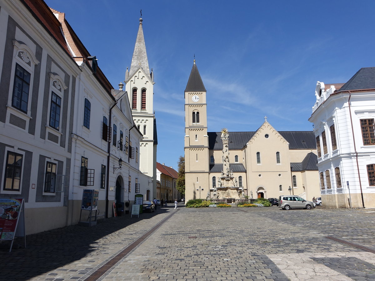 Veszprem, Hauptplatz mit Franziskanerkirche, Dreifaltigkeitssule und St. Michael Kirche (27.08.2018)