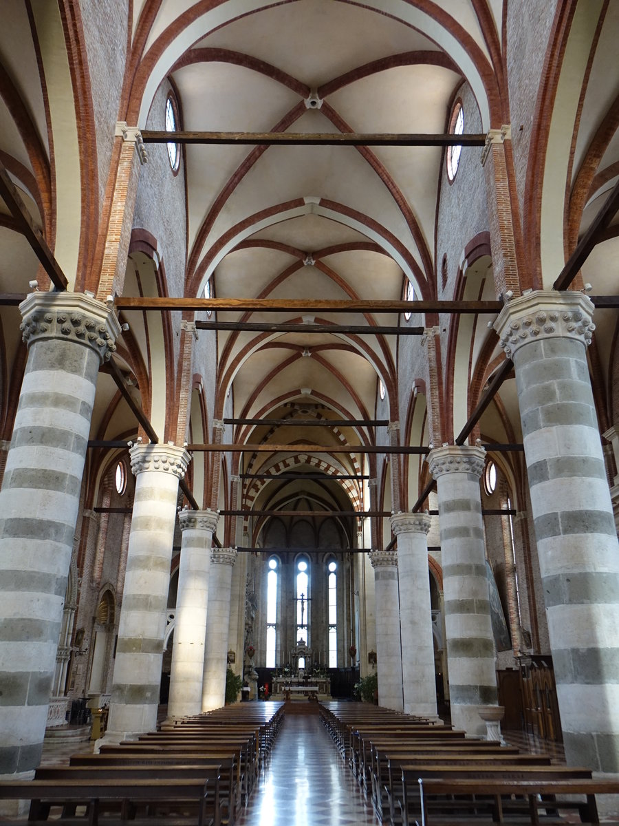 Vicenza, Innenraum der San Lorenzo Kirche, frhgotische Kapitelle, darber spitzbogige Arkaden, Schiffe mit Kreuzrippen berwlbt
(28.10.2017)