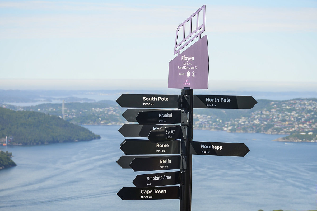 Viele Schilder an einem Posten - auf dem Berg Flyen in der norwegischen Hansestadt Bergen fotografiert. Aufnahme: 11. Juli 2018.