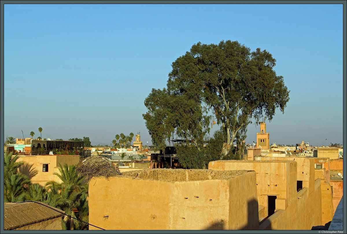 Von einem Turm des El-Badi-Palastes hat man einen schnen Blick ber die Dcher von Marrakesch. Richtung Osten schlieen sich die Stadtmauer und der Place des Ferblantiers an den El-Badi-Palast an. (Marrakesch, 18.11.2015)