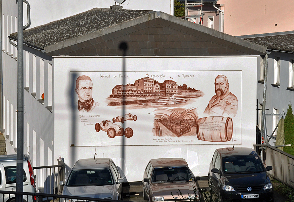 Wandkunstwerk in Remagen. Zu Ehren von Caracciola, Automobilrennfahrer, geb. am 30.01.1901 in Remagen - 30.10.2013
