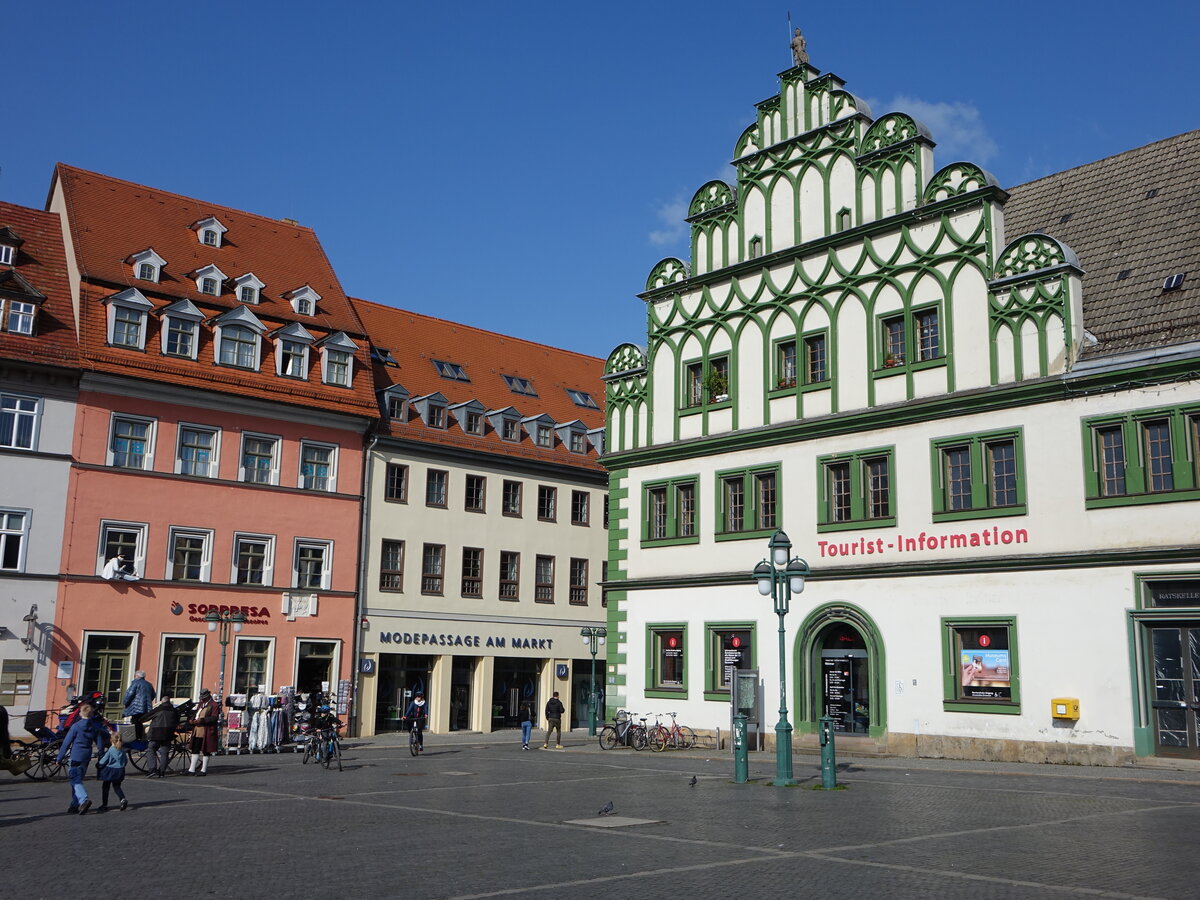 Weimar, Ratskeller im Stadthaus am Marktplatz, grn-weier Renaissance-Bau aus dem 15. Jahrhundert (09.04.2023)