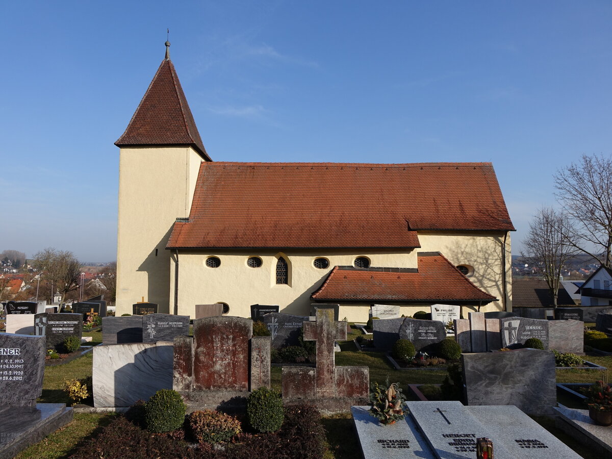 Wettelsheim, evangelische Pfarrkirche St. Martin, erbaut im 14. Jahrhundert, erweitert 1656 (18.03.2015)