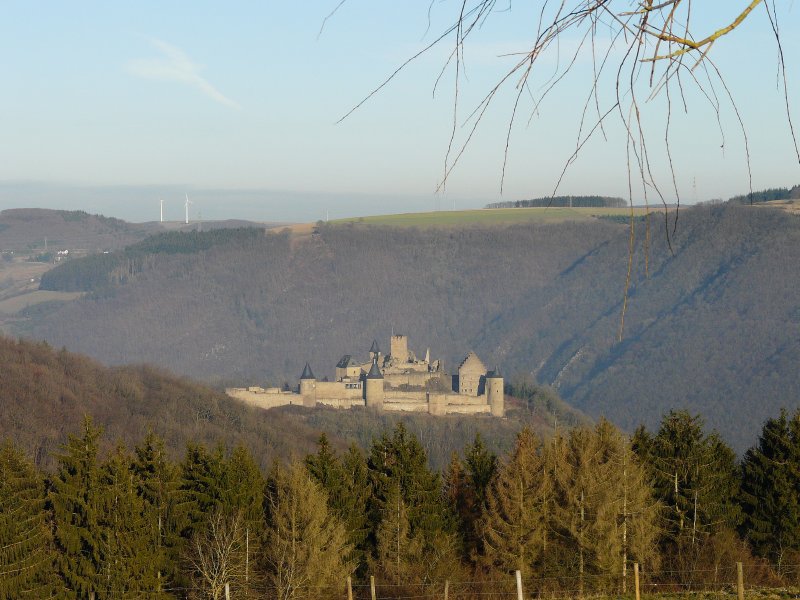 Aussicht auf das Schloss Bourscheid (Luxemburg) von der Strae, welche von Bourscheid nach Brden fhrt. 23.12.07