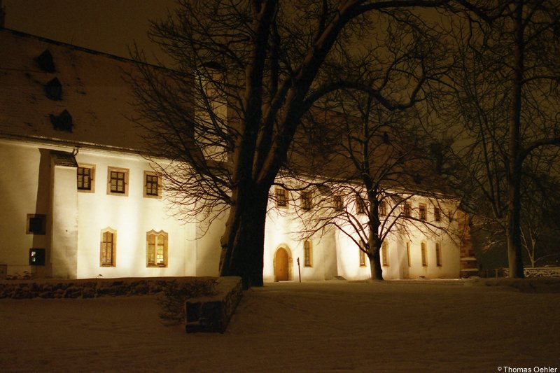 Das ehemalige Benediktinerkloster auf dem Schlossberg beherbergt heute das Schlossbergmuseum und die Klosterschnke. Die Aufnahme zeigt das angestrahlte Gebude im Dezember 2005.