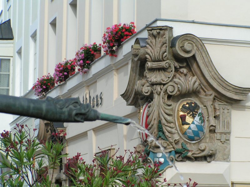 Detail Wasseraustritt Dietmarbrunnen, im Hintergrund Rathaus 070701