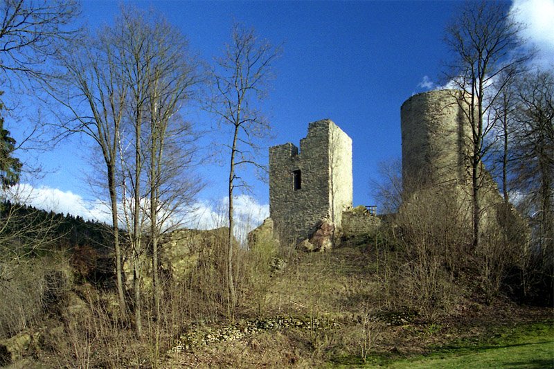 Die Burgruine Niederlauterstein im Tal der Schwarzen Pockau - Aufnahme vom April 2004. Die Burg wurde im 30jhrigen Krieg zerstrt und thront seither als Ruine ber der Pockau im Tal.
