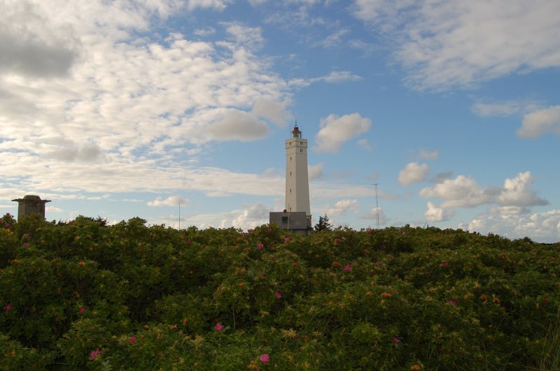 Hier ist der Leuchtturm des dnischen Ferienortes Blaavand zu sehen. Das Foto entstand spt abends. August 2007