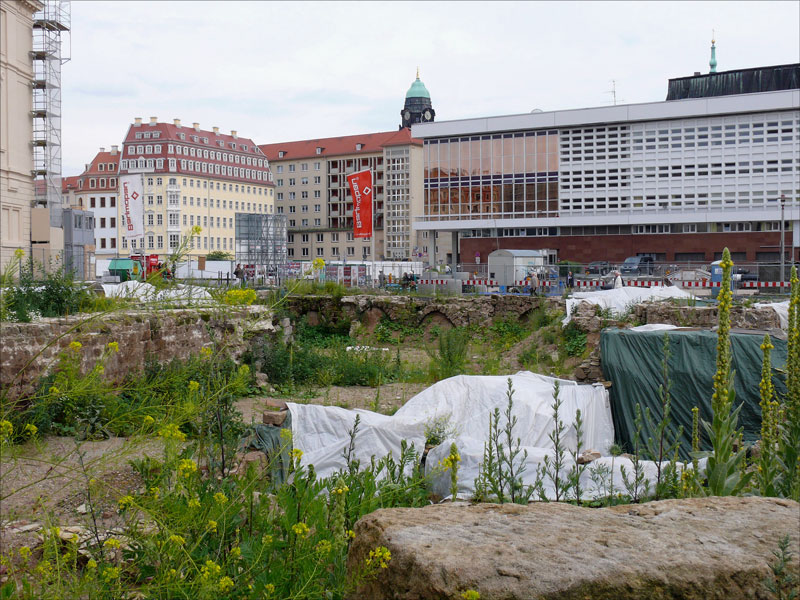 Hier mitten im Stadtzentrum nahe Residenzschloss, Georgenbau und Johanneum, wo alte Grundmauern freigelegt worden sind, konnte man zwei herumstrolchende Fchse beobachten (siehe Landschaftsfotos.eu); Dresden, 19.06.2009
