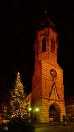 Ein Weihnachtsbaum vor der ltesten Kirche der Stadt Landau, die Anfang des 14.