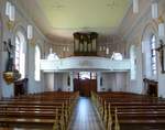 Zimmersheim, Kirche Mari Himmelfahrt, Blick zur Orgrlempore mit der historisch wertvollen Rabiny-Orgel von 1787, Juli 2017