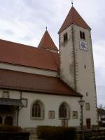 Chammnster, Maria Himmelfahrt Kirche, Chor und Nordturm erbaut 1266, Langhaus neu   erbaut 1476, Sdturm von 1874 (22.04.2012)
