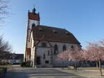 Senden, evangelische Auferstehungskirche am Kirchplatz, Saalbau mit eingezogenem Polygonalchor und Satteldachturm, erbaut 1907 von Theodor Eyrich (24.03.2022)