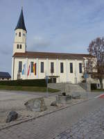 Leiblfing, Pfarrkirche Maria Himmelfahrt, Kirchturm von 1847, Langhaus neu erbaut von 1959 bis 1960 (13.11.2016)
