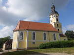 Kayna, evangelische Kirche, Saalkirche mit Westturm, erbaut von 1705 bis 1710 (24.06.2023)