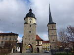 Arnstadt, Riedtor und Jacobsturm in der Strae vor dem Riedtor, Riedtor erbaut im 16.