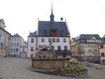 Pneck, Marktbrunnen und Rathaus am Markt, Rathaus erbaut von 1478 bis 1499 (19.10.2022)