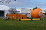 SILVES, 18.02.2022, Werbung fr die Orangen-Messe auf dem FISSUL-Gelnde