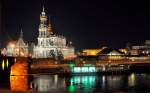 Dresden Nachtaufnahme mit der Kathedrale St. Trinitatis, dem Italienischen D�rfchen und dem Theaterkahn auf der Elbe - 01.09.2009 