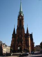 Vogtland Mylau/Vogtland, die Stadtkirche St.Wenzel von 1890, ein neugotischer Backsteinbau mit 72m hohem Turm, besitzt eine Silbermannorgel von 1731, Mai2005,