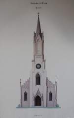 Schweiz Glarus, Stadtkirche. Aufnahme des Originalplans mit nicht ausgef�hrter Variante Einturmfassade, der so genannten 'Rakete'. Anl�sslich GSK-F�hrung durch Jacques Hauser vor der Kirche pr�sentiert. Die Pl�ne sind nun wieder im Glarner Archiv. Aufnahme vom 05. Juni 2010, 15:34