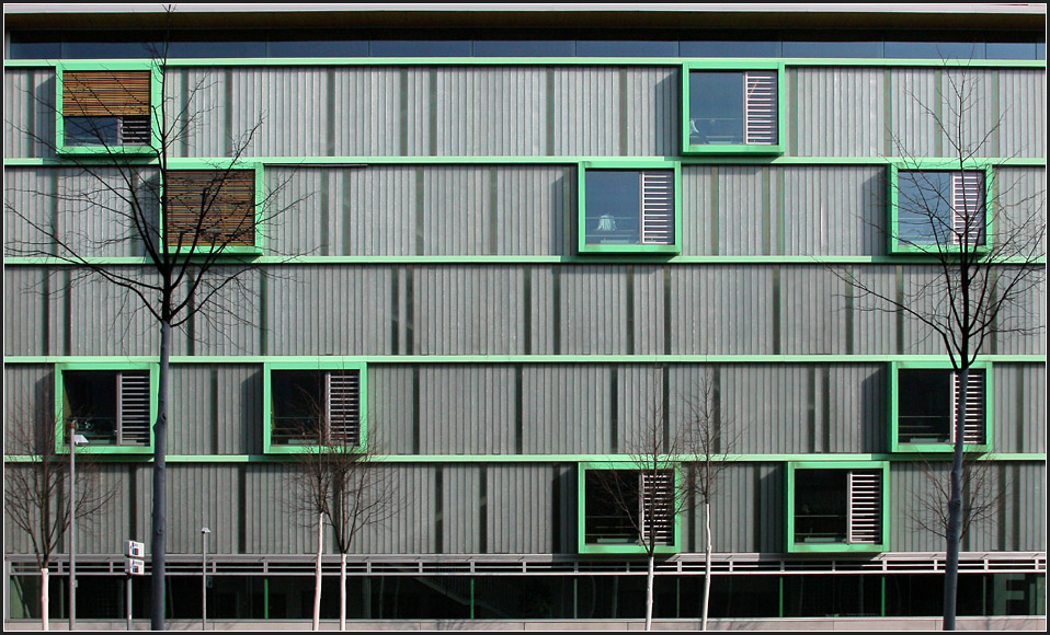 . Friedrich-List-Schule Karlsruhe: Interessantes Detail der Sdfassade sind die grnen  Fensterksten . 01.03.2011 (Matthias)