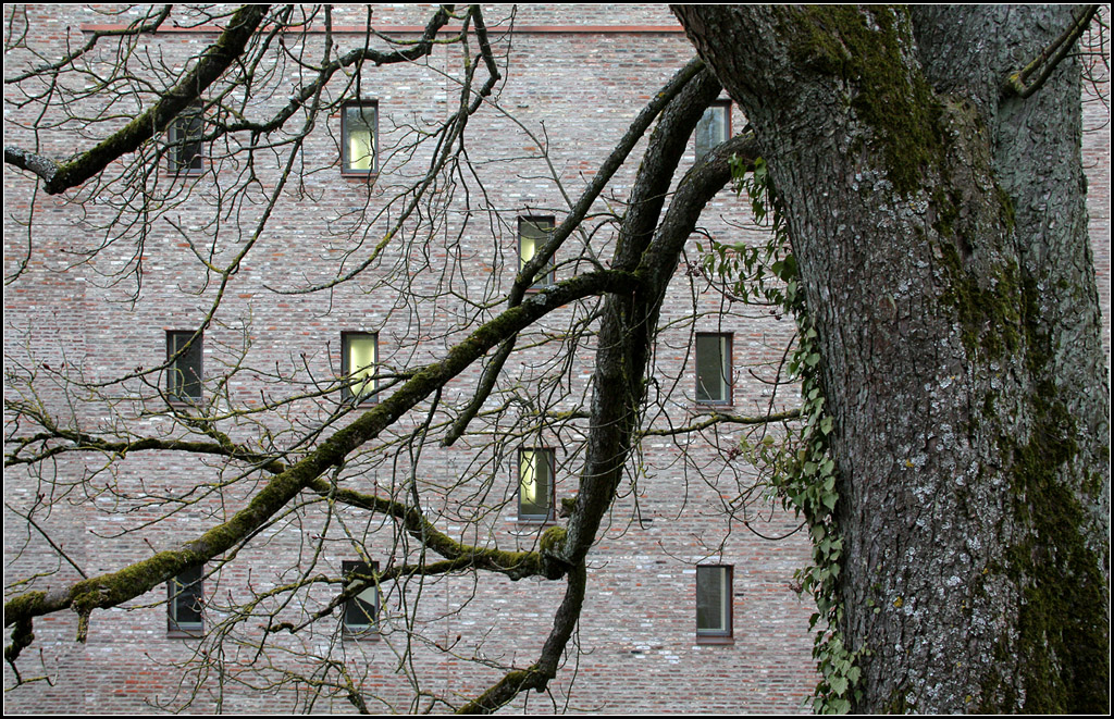 . Kunstmuseum Ravensburg - Das Gebude wurde mit Abbruchziegeln verkleidet. Hinter den kleinen Fenstern befindet sich das Treppenhaus. Die Ausstellungsrume selber haben keine Fenster. 06.04.2013 (Matthias)