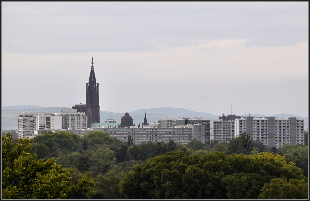 . Straburg von Deutschland aus gesehen - Franzsische Plattenbauten vor dem Mnster. Blick von einem Aussichtsturm in Kehl, September 2011 (Jonas)