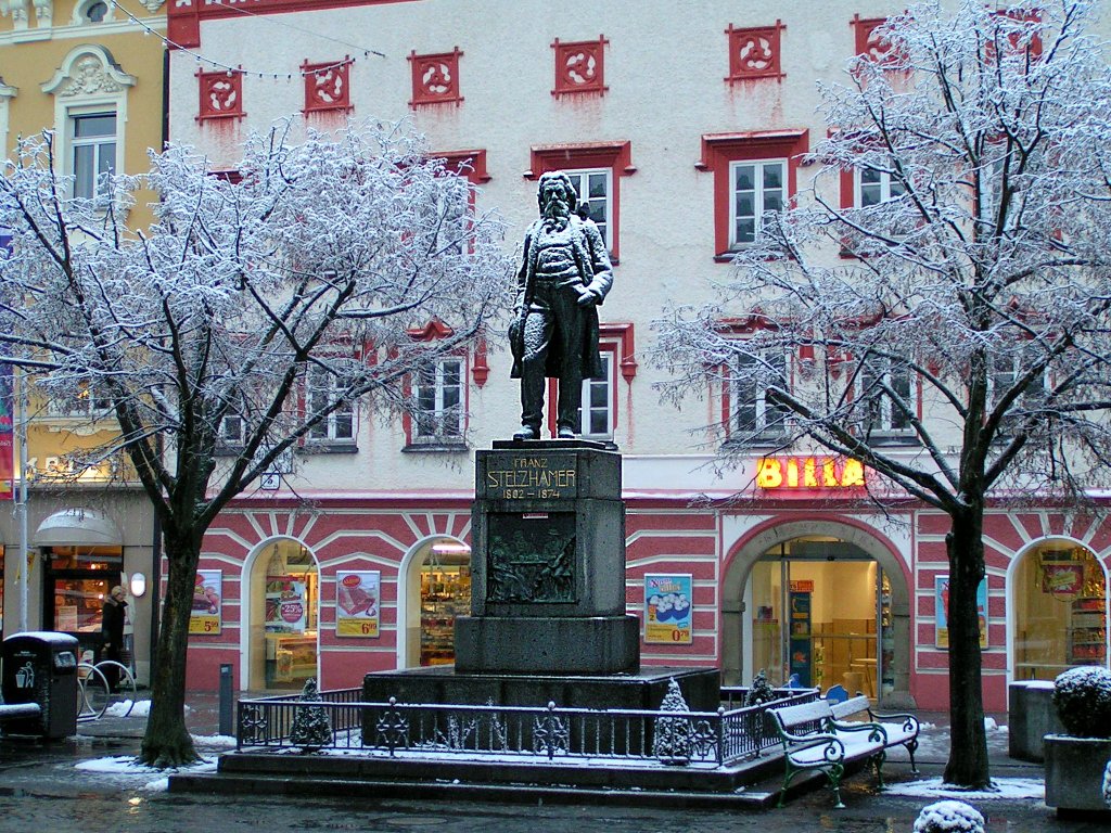  Angezuckert  ist das Denkmal des O-Mundartdichters Franz Stelzhamer (1802-1874)in Ried i.I.;100102