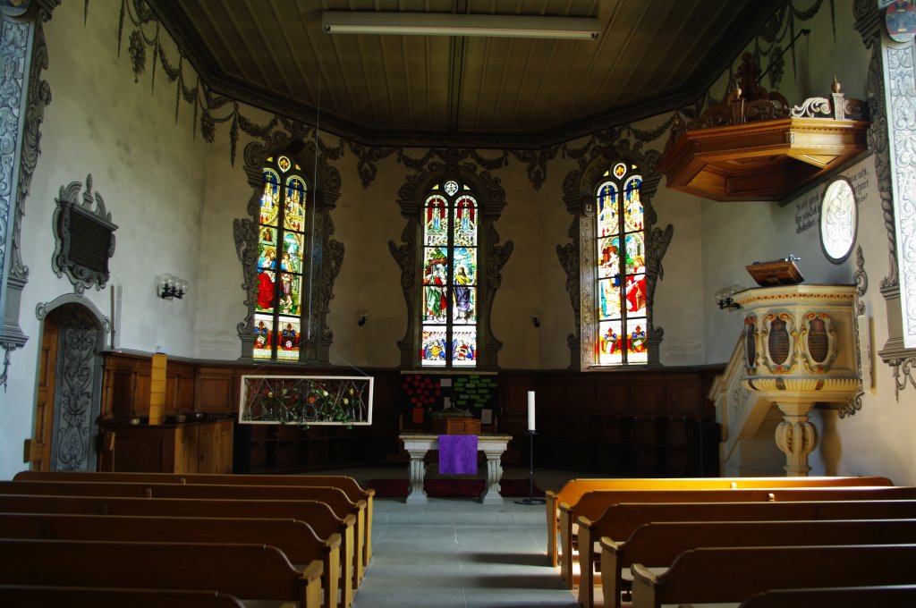 Btterkingen, Ref. Kirche, Steinkanzel von A. Dnz, Malereien von Albrecht Kauw, 
Berner Mittelland (18.04.2011)