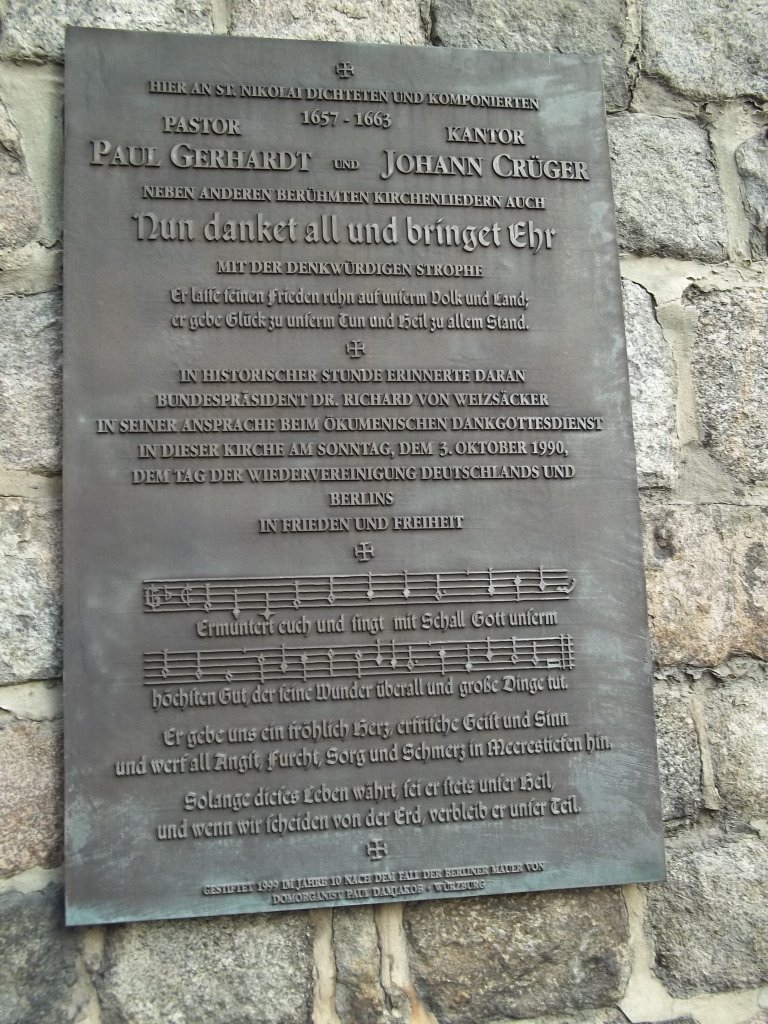 Berlin, Nikolaikirche, Gedenktafel fr Paul Gerhardt und Johann Krger (aufgenommen am 12.10.2011)