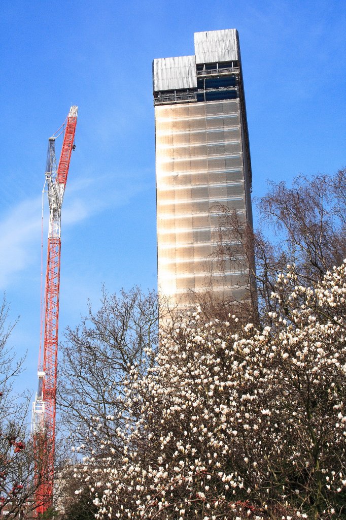 Blick am 24.03.2012 vom  Japanischen Garten  im Leverkusener Carl-Duisberg-Park zu der Abriss-Szenerie des Bayer-Hochhauses. Das dem  Tode geweihte  Gebude scheint aufgrund der krftigen Sonneneinstrahlung frmlich zu  glhen !