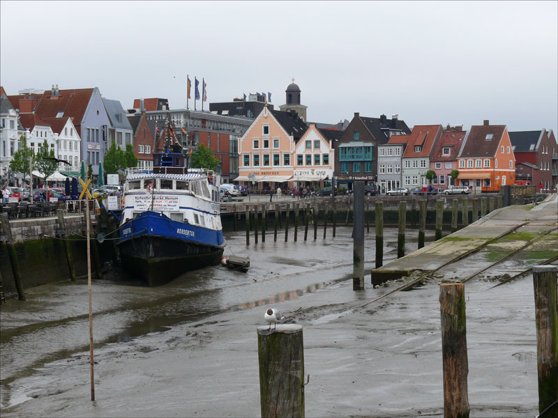 Blick von der Fussgngerbrcke ber den Hafen bei Niedrigwasser in Richtung Zingel; 23.05.2010
