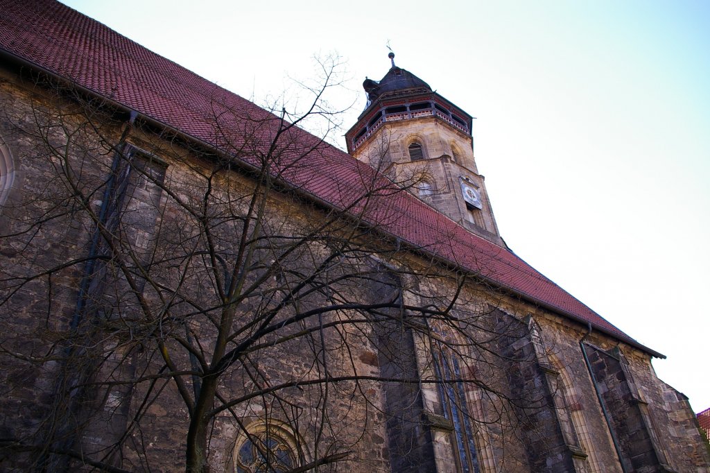 Blick hinauf zum Turm der St. Blasiuskirche in Hann.-Mnden, 25.03.2012.