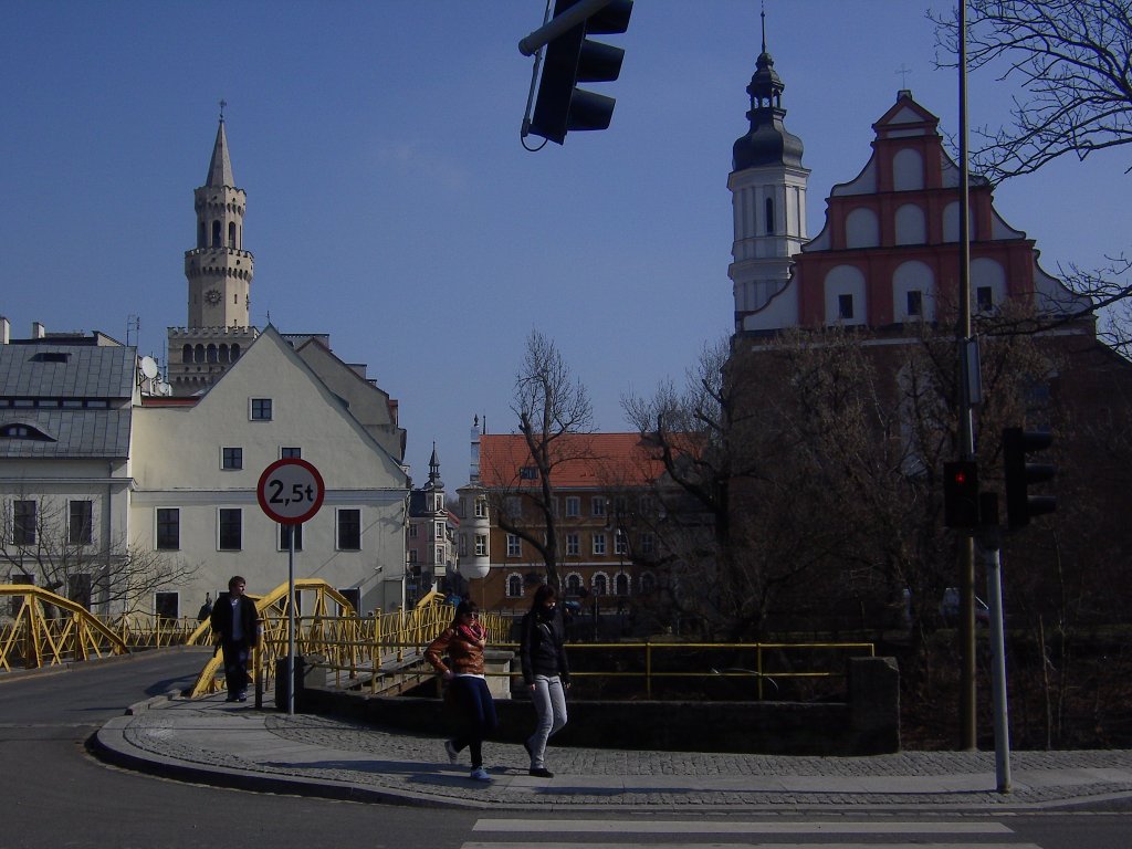 Blick von der Regierung auf der Insel Pascheke (Pasieka) in Oppeln (Opole) Richtung Altstadt ber den Mhlgraben im Frhjahr 2012