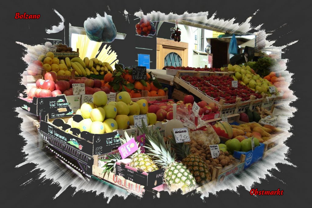 Bolzano. Der berhmte Obstmarkt in der Piazza delle Erbe. Wer da keinen Guster bekommt?  6.4.10