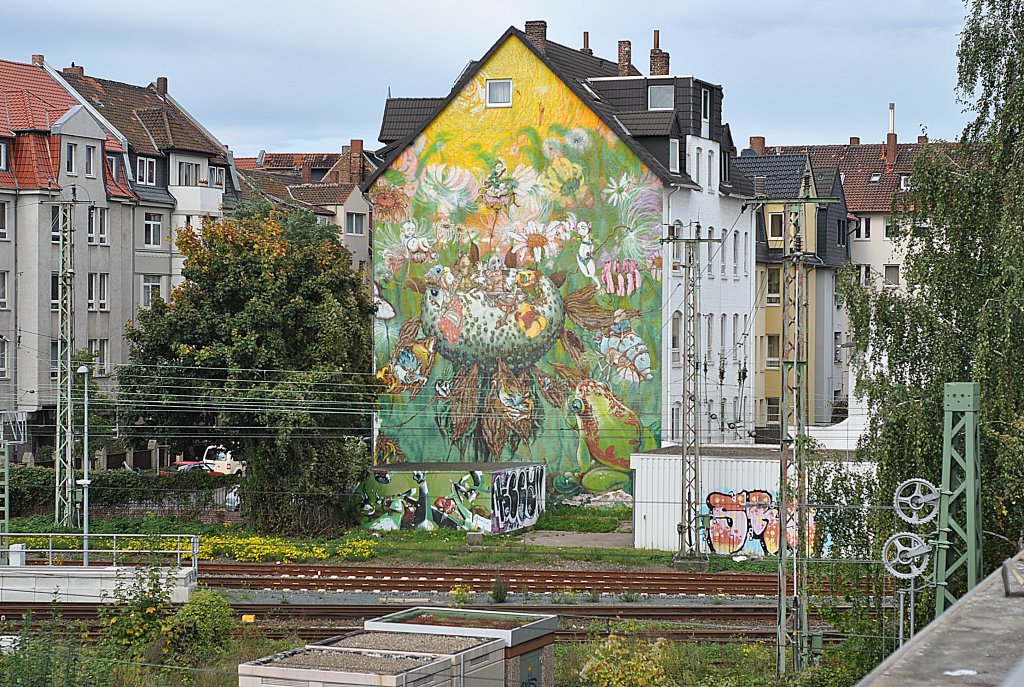 Das bemalte Haus von einer Brcke fotogrfiert im Hildesheim. Foto vom 03.10.2010.