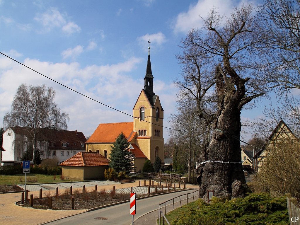 Das Zentrum des Ortes Nbdenitz mit der 1896 errichteten Kirche und der alten Grabeiche. Im Wurzelraum befindet sich eine gemauerte Gruft, in der Hans Wilhelm von Thmmel begraben liegt.(27.03.2011)