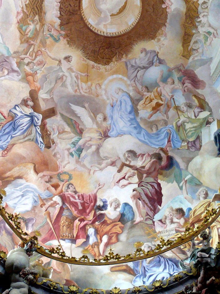 Detail aus dem Asam-Deckenfresko in der Kuppel der Benediktiner-Klosterkirche St. Georg; Weltenburg, 04.08.2010