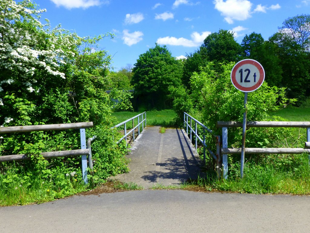 Deutschland / Frankreich, vom Glan-Blies-Radweg (Staudernheim-Sarreguemines)zwischen Wrschweiler und Homburg im Saarland fhrt diese schmale aber belastbare Brcke ber den Erbach  ... in eine Wiese , 18.05.2013